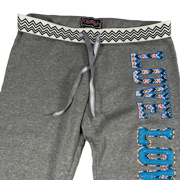 Thrill size Xl grey sweatpants joggers with blue & orange love with rhinestones - Picture 2 of 10